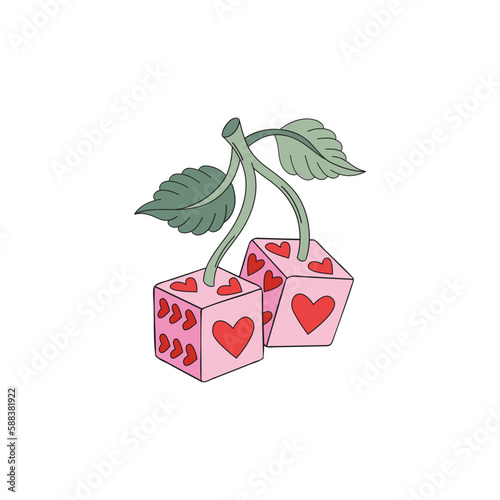 Howdy Valentines Day cherry luck dice with heart shape spots vector illustration isolated on white. Wild west game of chance print for 14 February holiday postcard.