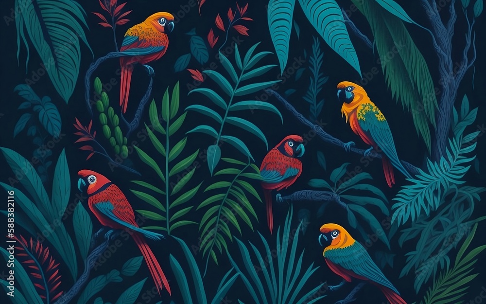 Tropical Rainforest with Parrots Illustration