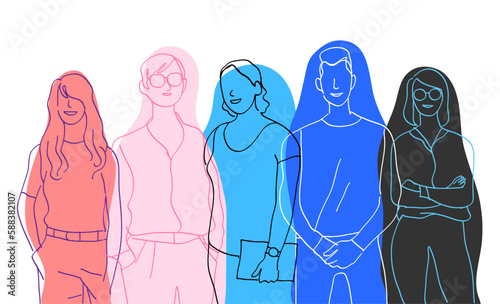 Gruppo di colleghi e amici che condividono l'ambiente professionale. Team di persone di talento. Silhouettes stilizzate e wireframe.