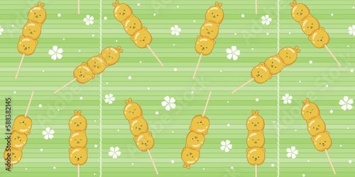 Kawaii Dango in the form of cute animals on a green bamboo mat background with white sakura flowers. Endless texture with Japanese dessert characters on a stick. Vector seamless pattern for giftwrap