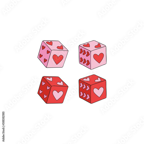 Howdy Valentines Day dice with heart shape spots vector illustration set isolated on white. Pink Red aesthetics Wild west game of chance print for 14 February holiday postcard.