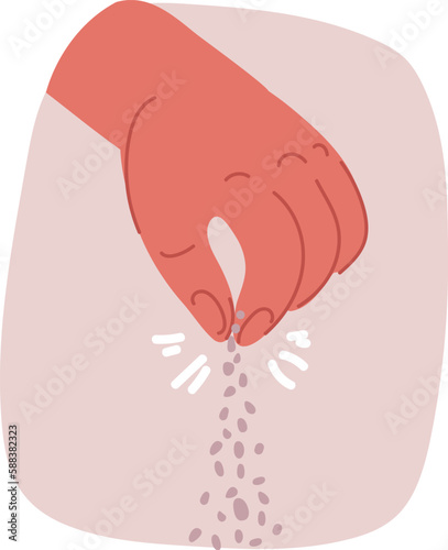 Vector illustration of Hand salting food. Pinch of salt. Sprinkle spices.