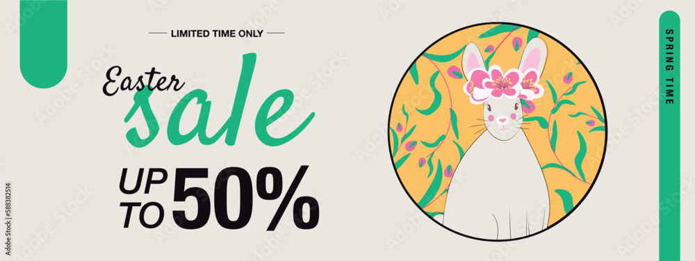 Easter Sale Header or Banner Design with Get Extra 50% Off. Typography, cute bunny and flowers in the circle. Modern vector illustration with green elements on white background.