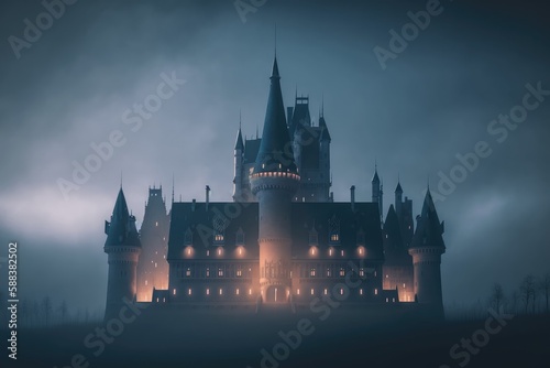 Citadel in the fog on a mountain. Castle created with Generative AI 