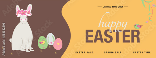 Easter Header or Banner Design with cute bunny, eggs and green bird. Suitable for social media, mobile applications, banner design and online adv. Modern vector art template.