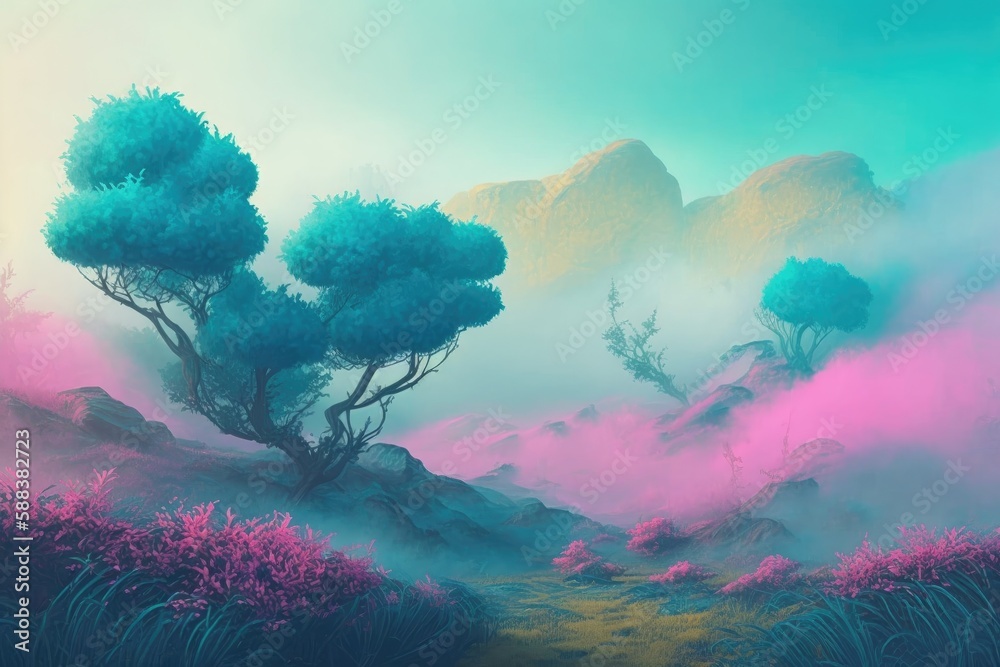 Fototapeta premium Morning landscape with colorful fog created with Generative AI 