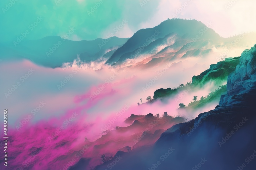 Morning landscape with colorful fog created with Generative AI 