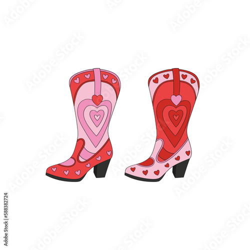 Howdy Valentines Day cowgirl heart ornament boots vector illustration isolated on white. Red Pink aesthetics Wild west female shoes print for 14 February holiday.