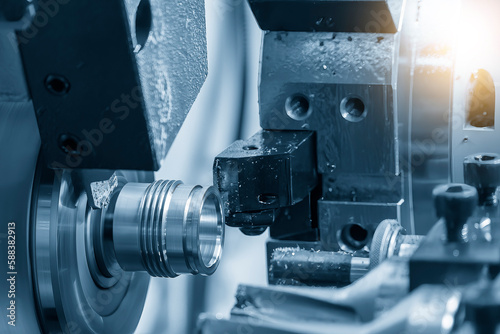 The multi-tasking CNC lathe machine swiss type thread cutting the metal pipe parts.