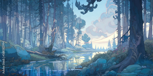 Natural landscapes in fantasy worlds, digital illustrations, AI generated © Graphinate