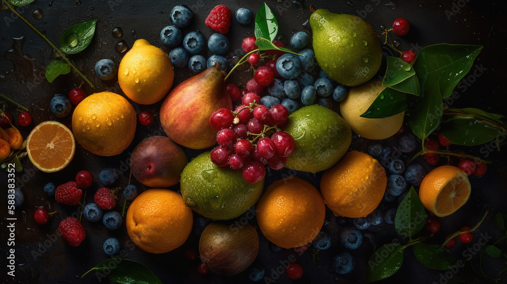 Fruits and vegetables on a wooden background. Generative AI Fruits and vegetables on a wooden background. Generative AI