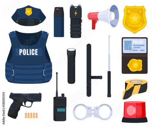 Police professional equipment. Professional clothing, means of protection for law enforcement officers. Vector illustration