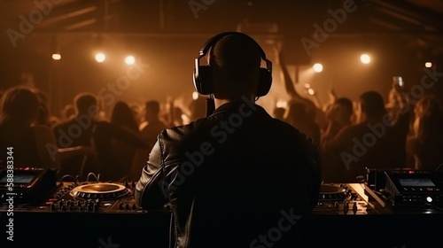 DJ playing music in the club, crowds of people dancing, techno, house, electronic, EDM, Generative AI