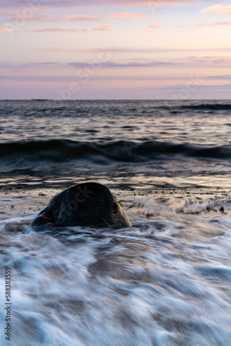 Sea coast  waves crashing against a stone in the water  sunset