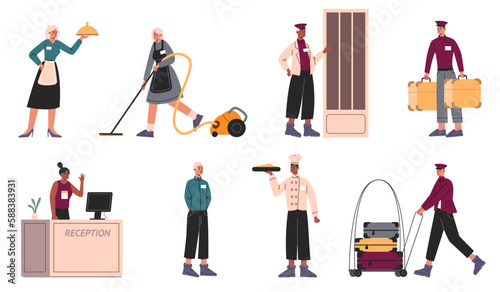 Cartoon hotel staff. Professional guesthouse employees. Managers and subordinates. Porter or concierge in uniform. Maid with vacuum cleaner. Restaurant waiter. Vector motel workers set