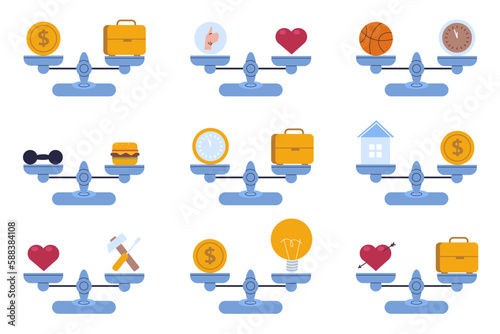 Choice on scales. Different symbols on opposite bowls. Costs of time and love heart. Comparison and weighing elements. Compare business or money coin. Equality of concepts vector set