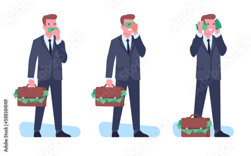 Corruption and bribery. Man committing crimes for money. Briefcase cash. Male covers eyes, mouth and ears with banknotes. Corruptibility official and politician. Vector rich guys set