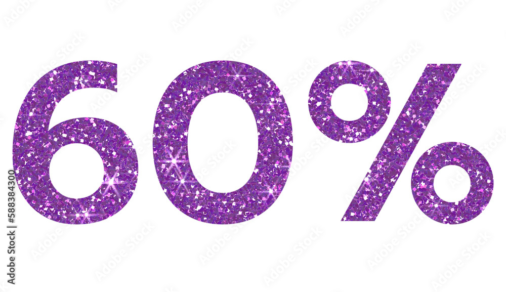 Purple glitter 60% on transparent background. 60 percent. Sales concept. Design for decorating, background, wallpaper, illustration. Purple glitter 60% on transparent background. 60 percent. Sales concept. Design for decorating, background, wallpaper, illustration.