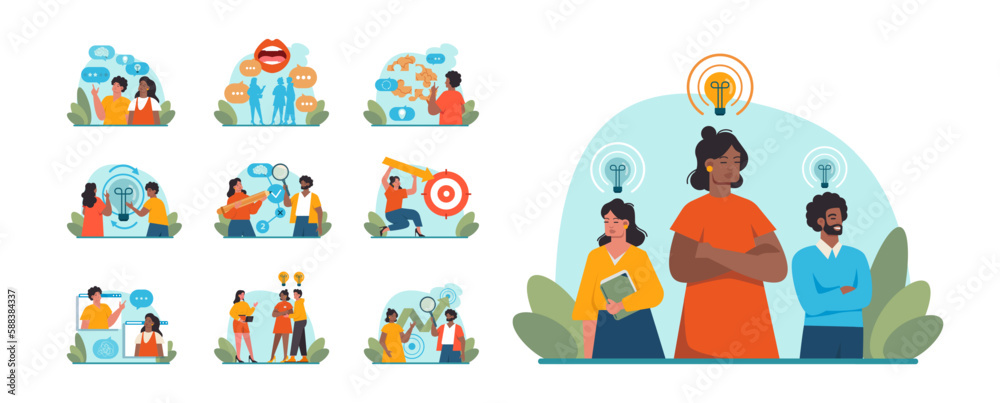 Brainstorming or discussion concept set. New idea generation Brainstorming or discussion concept set. New idea generation