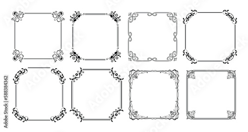 Decorative black frames. Retro ornamental frame, vintage square ornaments & ornate border. Decorative wedding frames, antique museum image borders. Isolated vector icons set