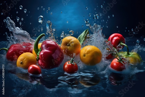 Fresh vegetable in clean water, splashes and drops of water, fitness, healthy food, vegetarian, generative ai