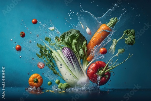 Fresh vegetable in clean water  splashes and drops of water  fitness  healthy food  vegetarian  generative ai