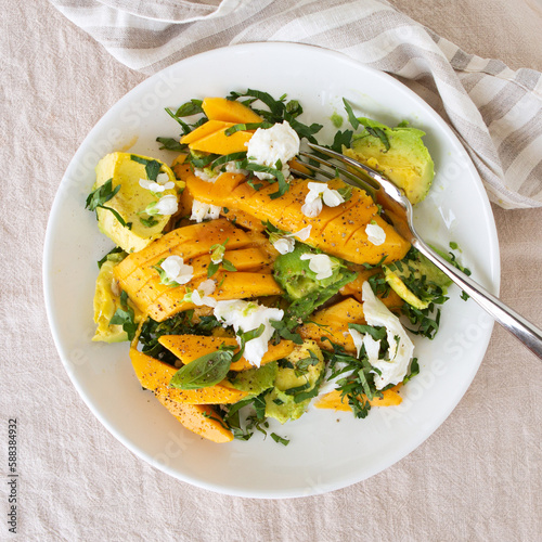 plate with salad with mango, avocado and mozzarella on the table