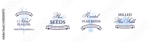 Flax logo template with hand drawn element. Vector illustration in sketch style. Design for linen products, seed, oil, packaging