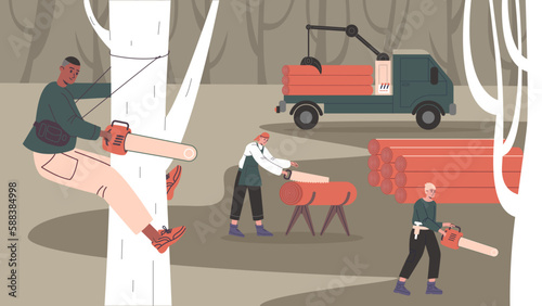 Lumberjacks chop down trees. Cartoon woodworkers. Deforestation process. Woodworking industry. Carpentry workers with saws. Loading logs into truck. Woodcutters work. Vector concept