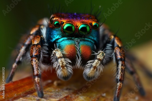 Photo of a vibrant peacock spider perched on a textured rock created with Generative AI technology