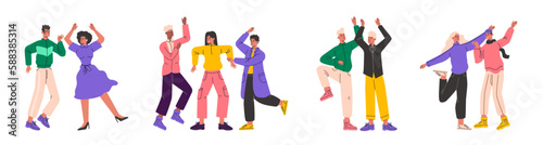Party people. Happy guys and girls dancing and moving by music. Young men and women in bright modern clothes. Cheerful persons. Dancers couples and groups. Vector friends characters set