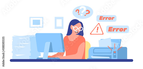 Printer broke. Girl upset by copier breakdown and lots of papers. Office trouble. Equipment error. Woman working at computer. Photocopier malfunction. Photocopy machine. Vector concept