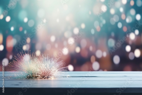 Christmas Celebration Table Counter Top, Podium Pedestal, Abstract Bokeh Living Room Space Background in Interior. Product Mock up Display, Back Drop. Generative AI. © PEPPERPOT