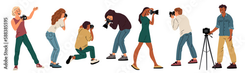 Professional photographers. People with cameras in different poses. Successful frame finding. Paparazzi shooting photos. Men and women making snapshots. Vector photographing persons set