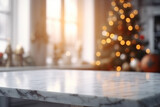Christmas Celebration Table Counter Top, Podium Pedestal, Abstract Bokeh Living Room Space Background in Interior. Product Mock up Display, Back Drop. Generative AI.