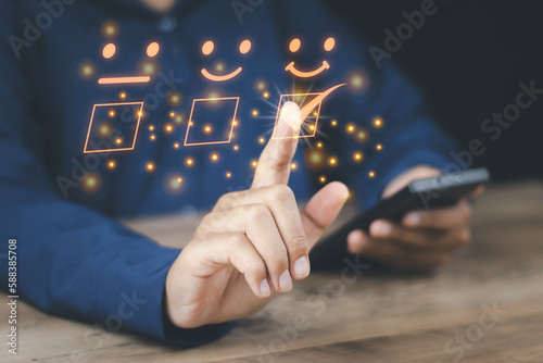 professional digital marketing businessman doing vote satisfaction guarantee question quality online for research feedback survey from customer to develop performance excellent service management