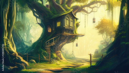 Big old tree house in green fantasy forest, enchanted woodland. Generative AI