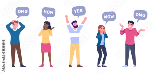 Surprised men and women say wow. People expressions. Omg and how sayings. Girls and guys with speech bubbles. Wondering males and females. Vector persons communication reactions set