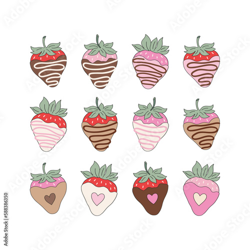 St Valentine Day chocolate dipped Strawberry vector illustration set isolated on white. Valentine dessert love berry print collection for 14 February holiday.