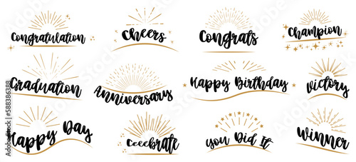 Set of congratulatory texts for different holidays. Congratulation, cheers, champion, anniversary, happy birthday, victory, celebrate