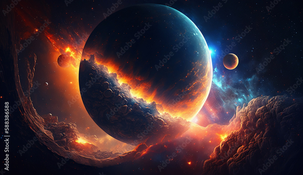 Space landscape with planets and stars of a fantasy galaxy. AI generated illustration.