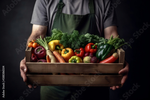 The farmer is holding a wooden box with fresh vegetables. Basket with vegetables cabbage  carrot  cucumber  radish  corn and pepper .ai generative