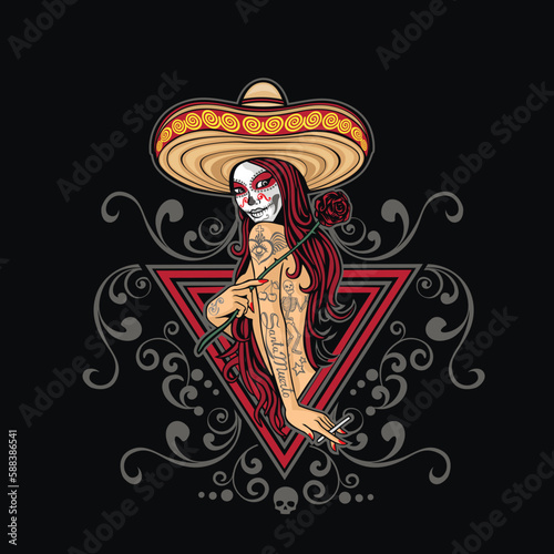 mexican sugar skull, girl with skull makeup, vintage design t shirts