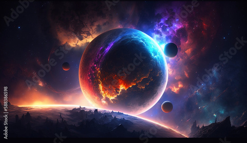 Space landscape with planets and stars of a fantasy galaxy. Generative AI. Illustration generated AI.