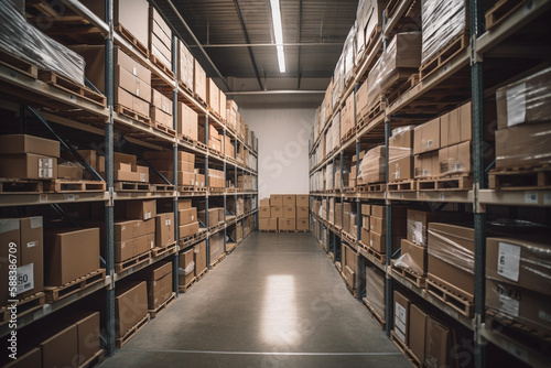 A sizeable clean warehouse with shelves and cardboard boxes. AI generative