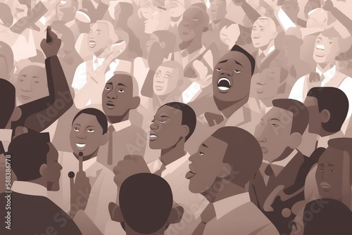 Murais de parede Flat illustration of MLK delivering I Have a Dream speech, diverse crowd, monochrome colors