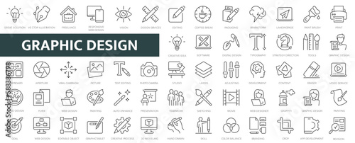 Graphic design line icons set. Creative Process symbol. Design, creative package, stationary, software, paintbrush, palette, prepress.