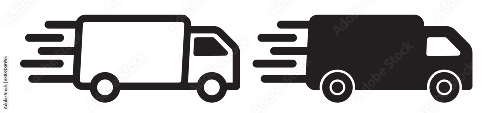 Express delivery icon. Fast moving delivery truck with order box