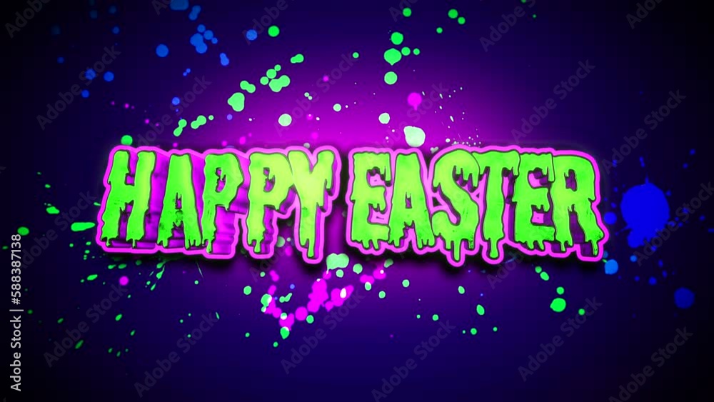 Happy Easter cartoon text with ink splashes on blue texture, motion abstract business, promo and holidays style background Happy Easter cartoon text with ink splashes on blue texture, motion abstract business, promo and holidays style background