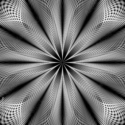 Round floral pattern of many blending stripes of white and black gradient. Optical art psychedelic background design.